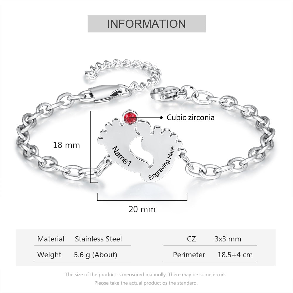 JewelOra Personalized Engraving Name &amp; Date Baby Feet Charm Bracelet Stainless Steel Custom Birthstone Bracelet Gifts for Mother