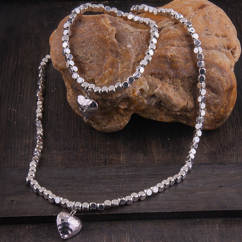 Free shipping  Rhodium Plated Fashion Alloy Square Beads Hammered Heart Necklace & bracelet jewelry set for women holiday gift