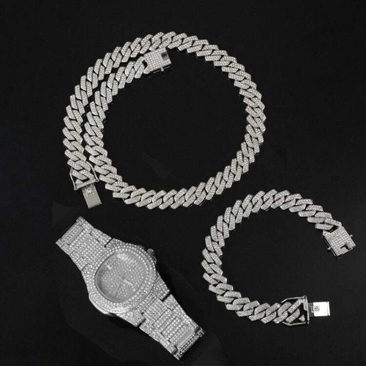 Hip Hop 15MM Necklace +Watch+Bracelet Bling Iced Out Miami Zircon Cuban Pave Rhinestone Men Bracelet Necklace For Men Jewelry