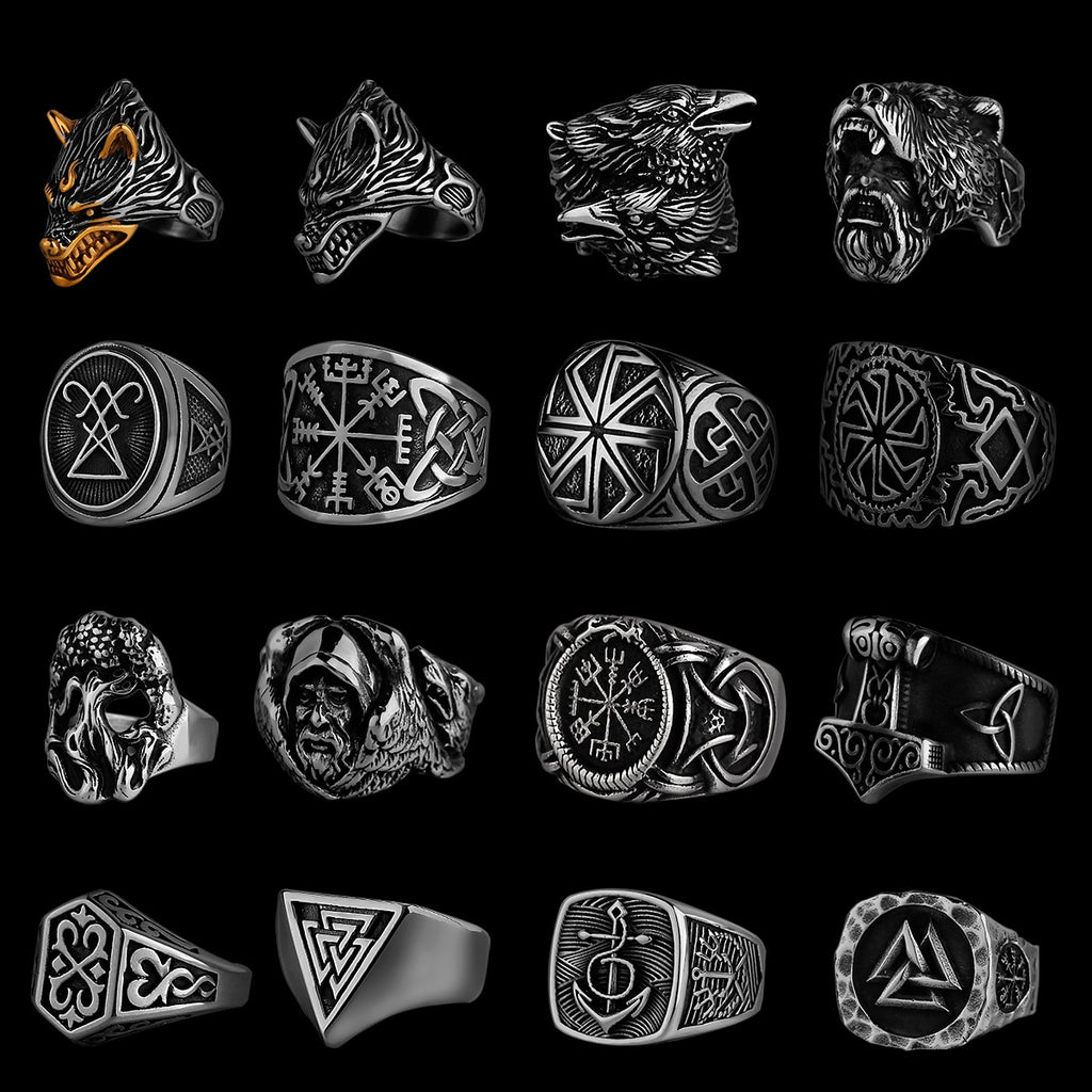 Men Nordic Viking Stainless Steel Ring Anchor Compass Tree of Life Viking Rune Wolf Men and Women Ring Jewelry.