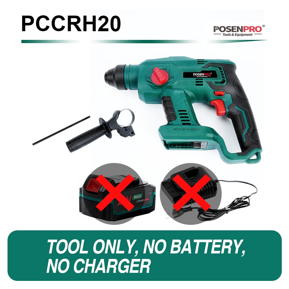 POSENPRO Brushless Rotary Hammer Electric Hammer Drill 20V Cordless Hammer 1.7J SDS PLUS Drilling Steel Concrete Wood