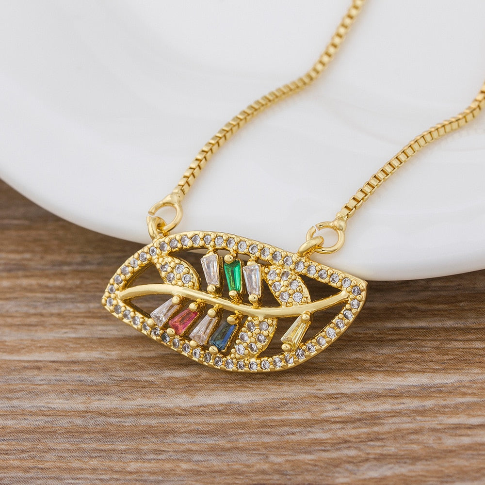 Nidin New Trendy CZ Rainbow Necklace Woman Long Chain Zirconia Necklace Natural Stone Jewelry Collar Pendant Necklace For Women