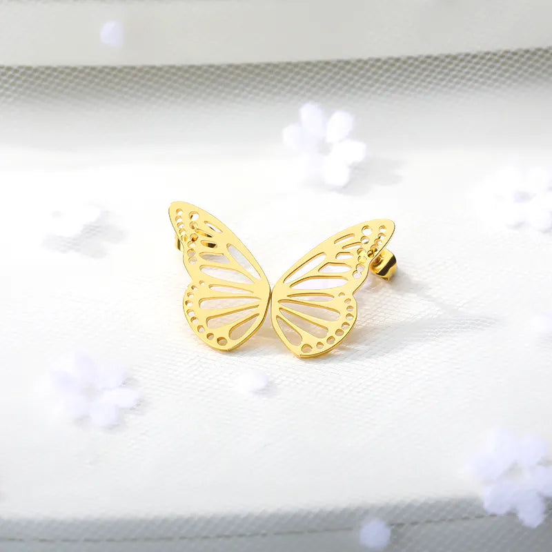 Gold Color Hollow Butterfly Small Earrings Elegant Fan Shaped Women Stainless Steel Stud Earrings Fashion Jewelry Pendientes BFF