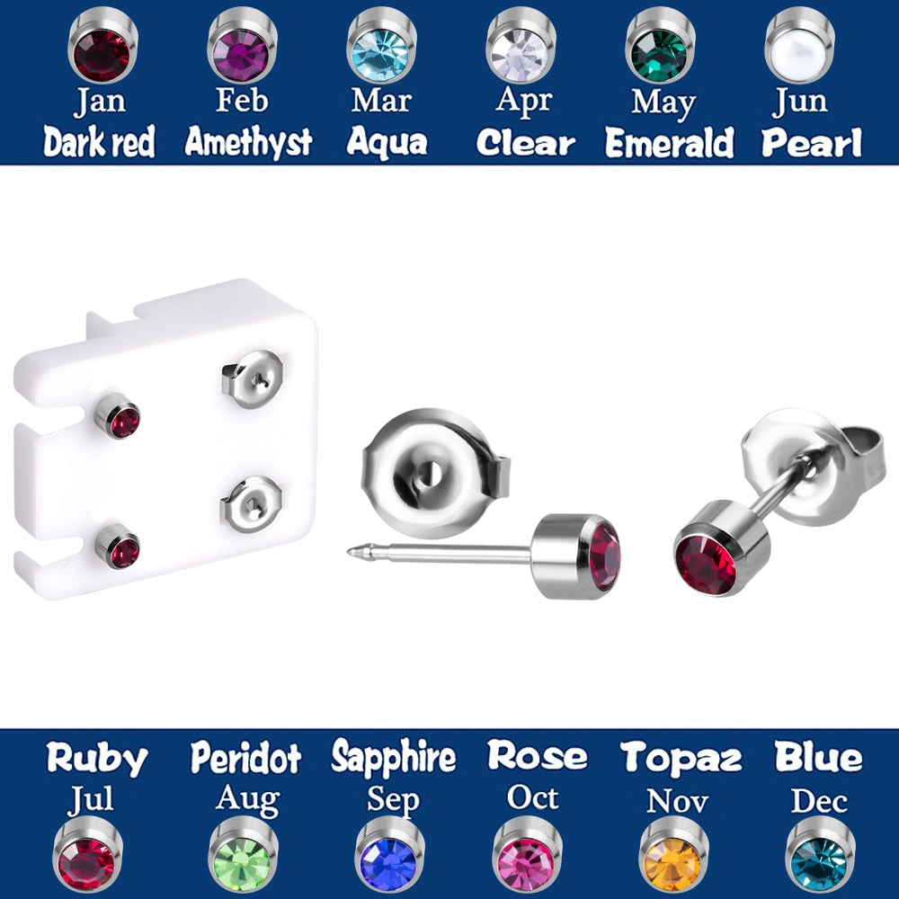 One pair of Birthstone stud earrings made of surgical steel for ear piercing gun.