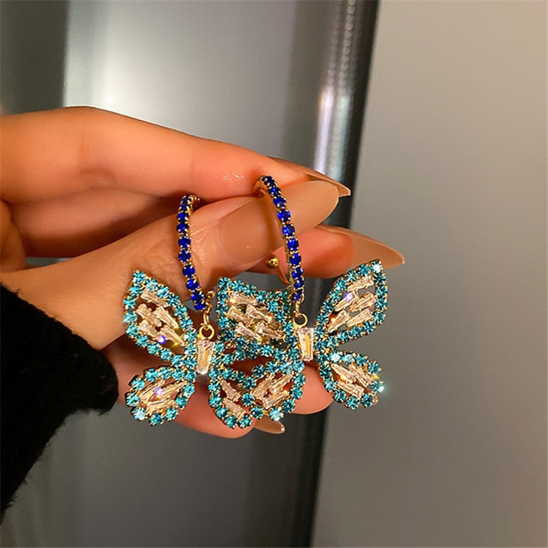 FYUAN New Style Golden Butterfly Zircon Crystal Dangle Earrings for Women Blue Rhinestone Weddings Party Jewelry Accessories