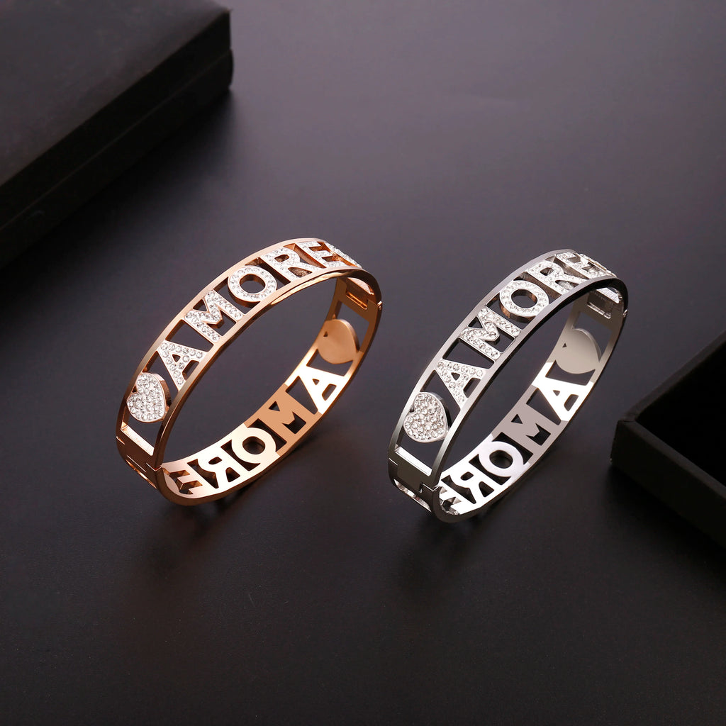 Rose Gold Amore Crystal Letter Bangle Bracelet For Women Stainless Steel Bangle Gift Jewelry Bijoux femme 2020 Wholesale