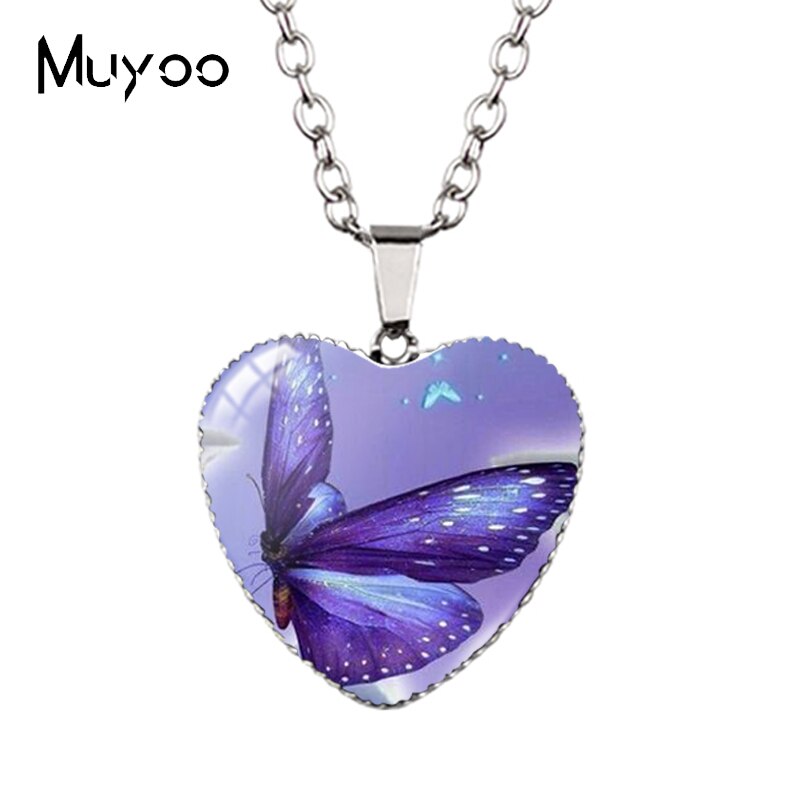 New Arrival Purple Blue Colorful Butterflies with Flower Heart Handcraft Jewelry Pendants Magical Butterfly Heart Necklace HZ3