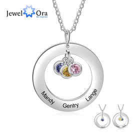 Personalized Stainless Steel Circle Necklace with 1-3 Birthstones Custom Name Engraved Round Pendant Necklace for Women /Mother