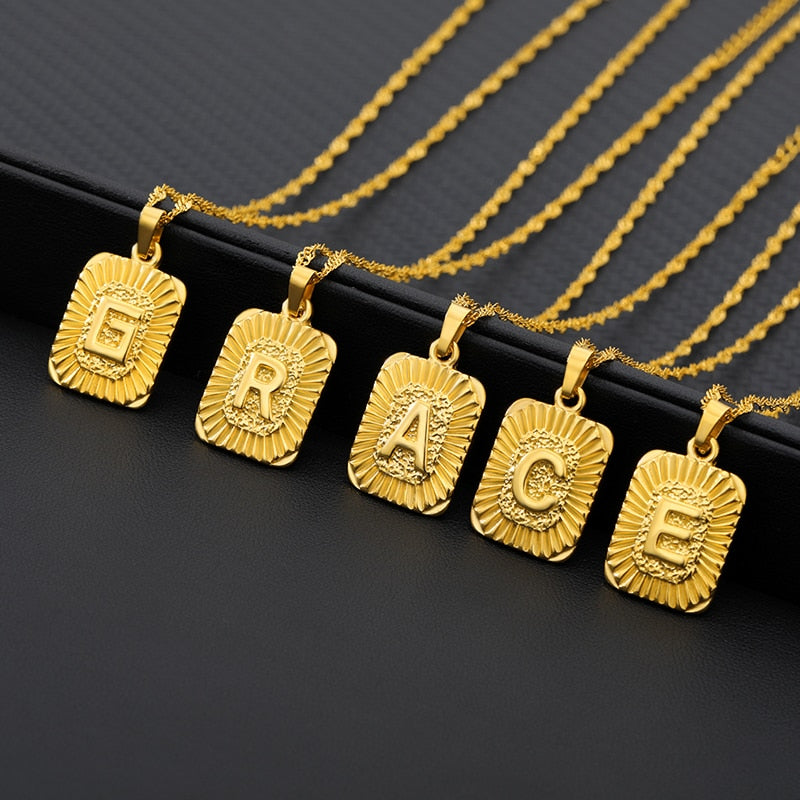 Initial Plate Necklaces For Women Stainless Steel Plate Necklace Letter Square Charm Water-Wave Chain Boho Jewelry Gift Bff