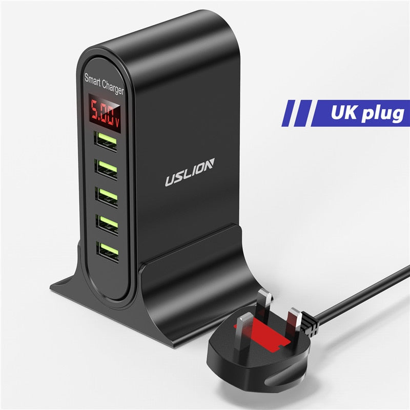 USLION USB Charger 5 Port LED Display Multi USB Phone Desktop EU US UK Plug With Digital Display Travel Wall Charger Adapter