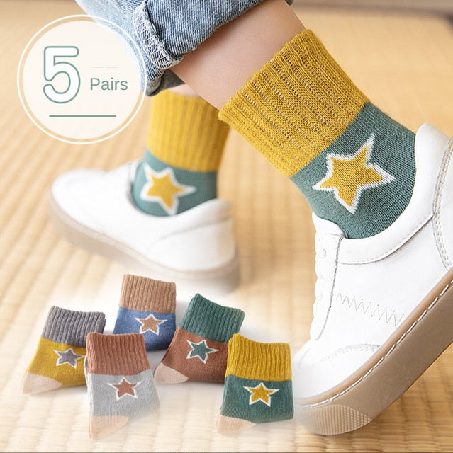 5pairs/lot 1-12 Years Spring Autumn Children Socks Baby Girls Cotton Short Socks Newborn Ribbed Letters Cartoon Girls Boys Socks