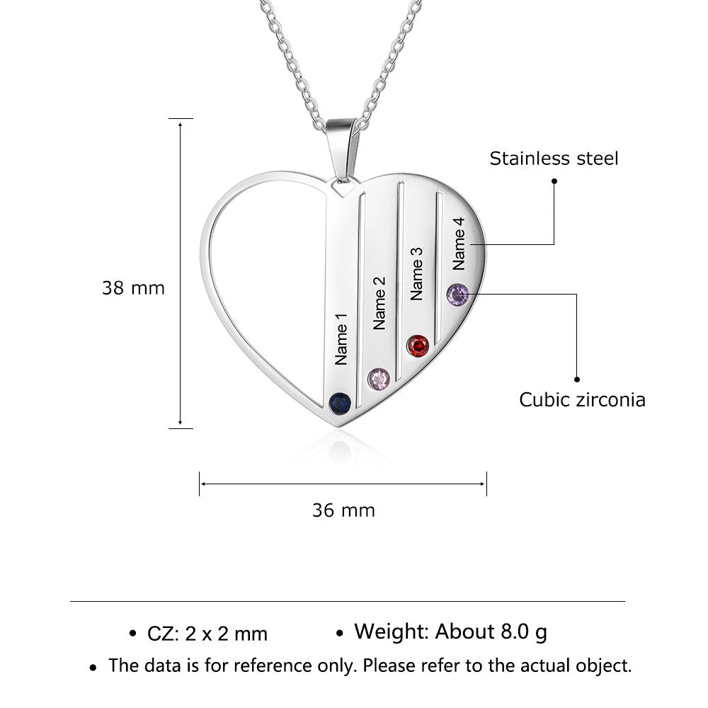 Personalized Engraved Name Family Necklace Customized 4 Birthstones Stainless Steel Heart Necklaces for Women(JewelOra NE103421)