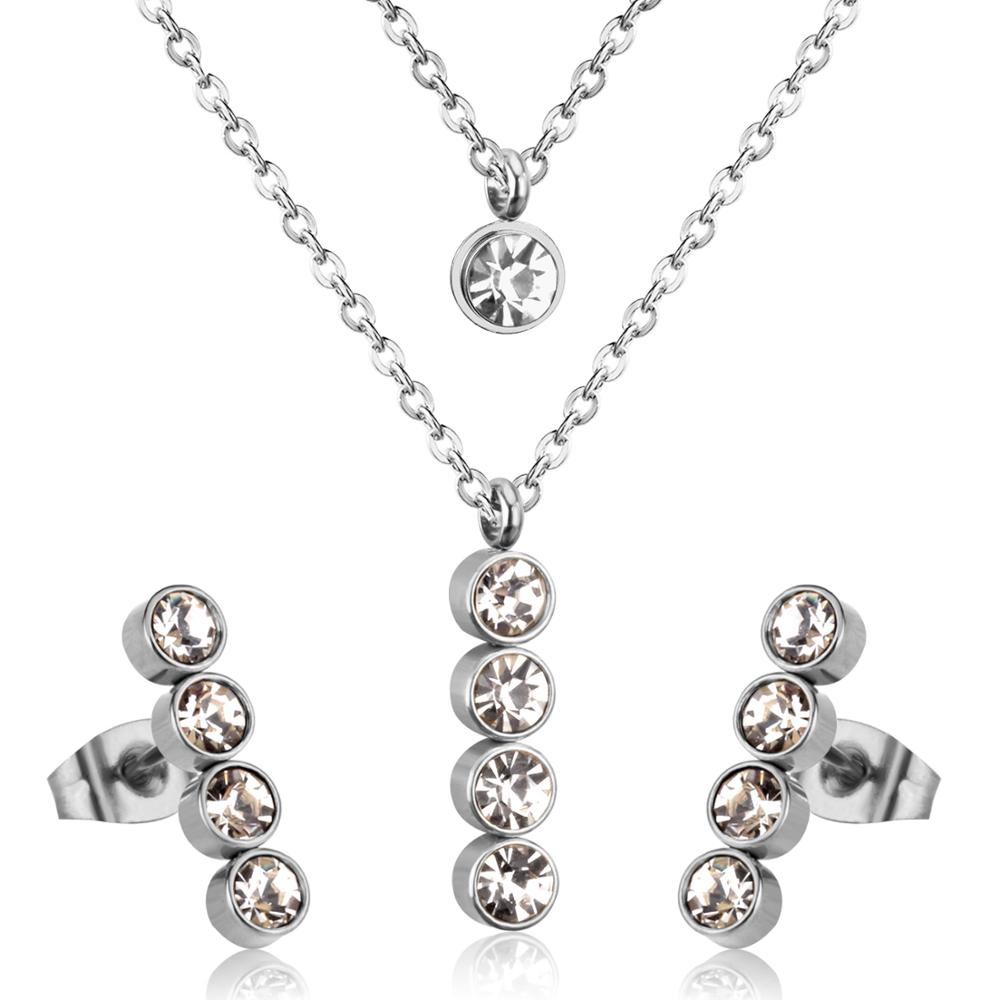 Stainless Steel Crystal Jewelry Set for Women and Girls: Luxury Double Round Pendant Necklace and Earrings.