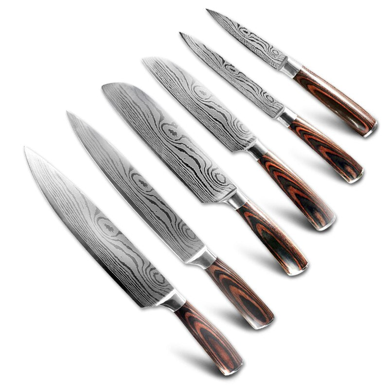 10pcs Damascus Kitchen Knife Set Laser Pattern Professional Chef Knives 440C Stainless Steel Knife Sharpener