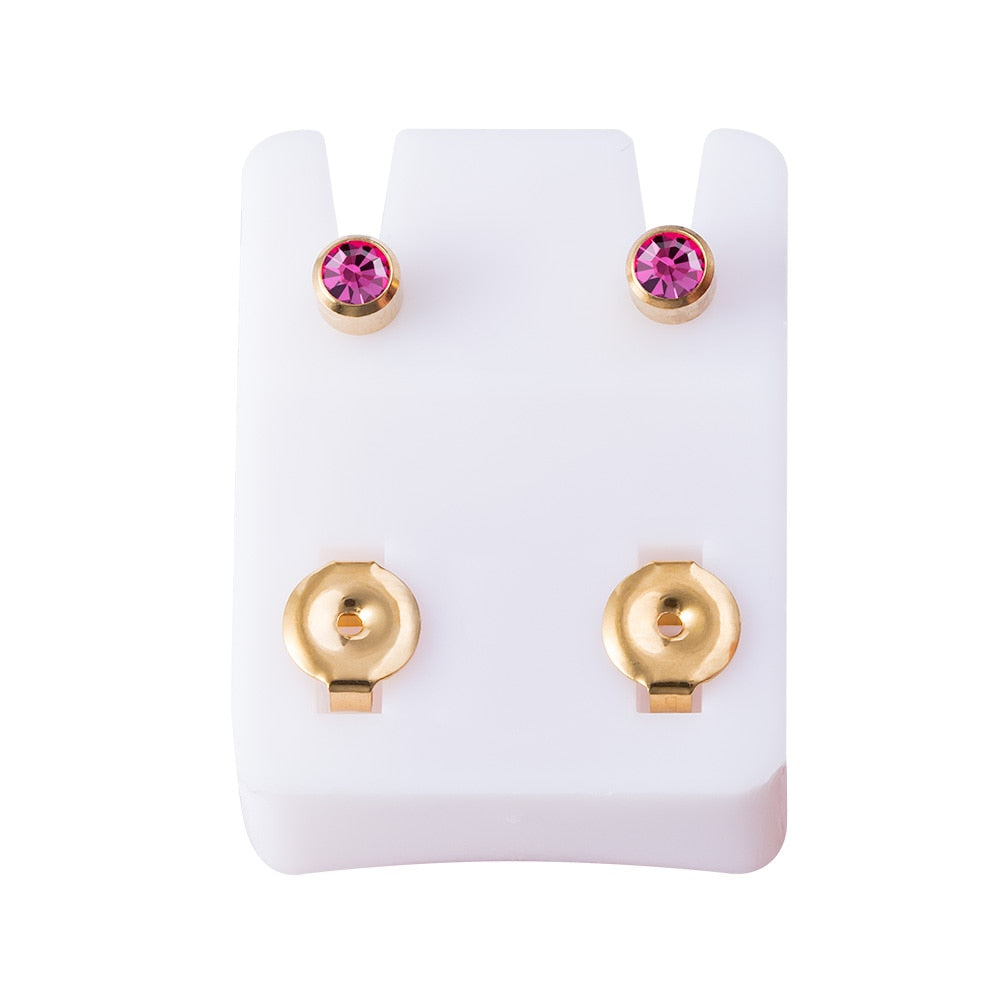 Birthstone CZ Ear Stud Earrings in Two Pieces with Gold Plated Steel or Stainless Steel Backs.