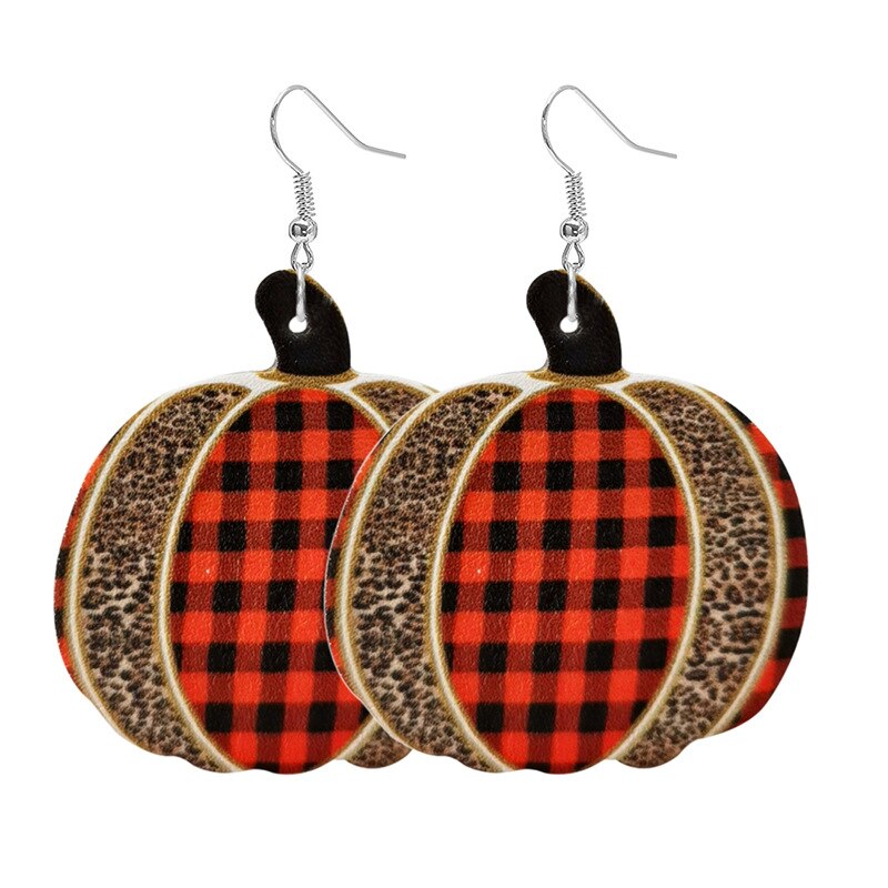 Pumpkin Maple Thanksgiving Leather Earrings Women Vintage Unique Floral Checked Print Leather Teardrop Dangle Earrings Gifts