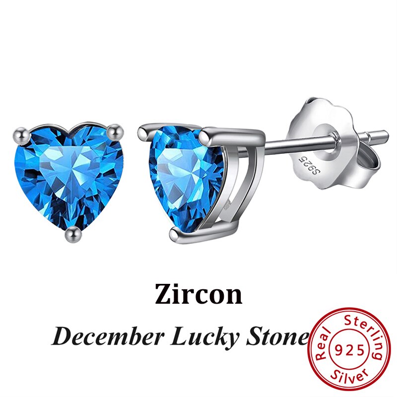 Beautiful 12 colors Essentials Silver Sterling Birthstone Stud Earrings round shape and heart shape.