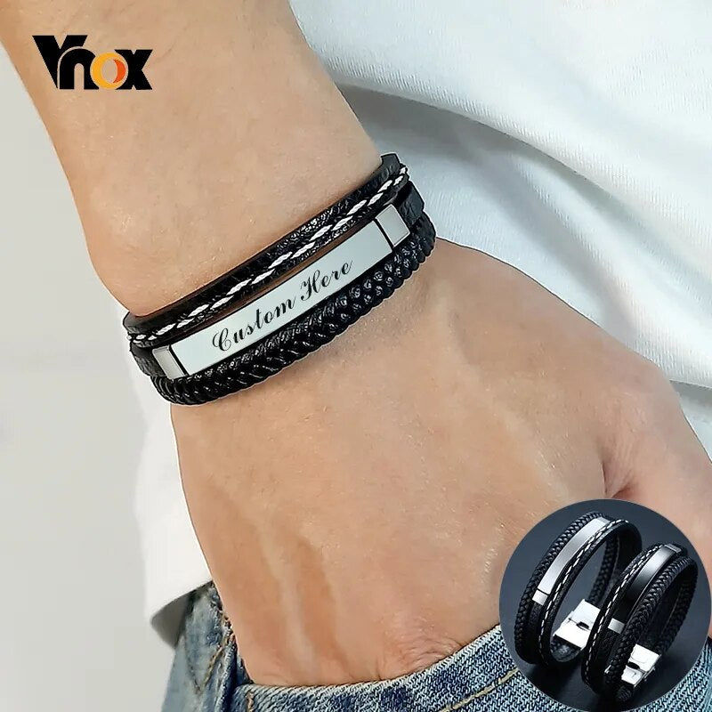 Vnox Customize Name Quotes Leather Bracelets for Men Glossy Stainless Steel Layered Braided Bangle Personalized DAD Husband Gift