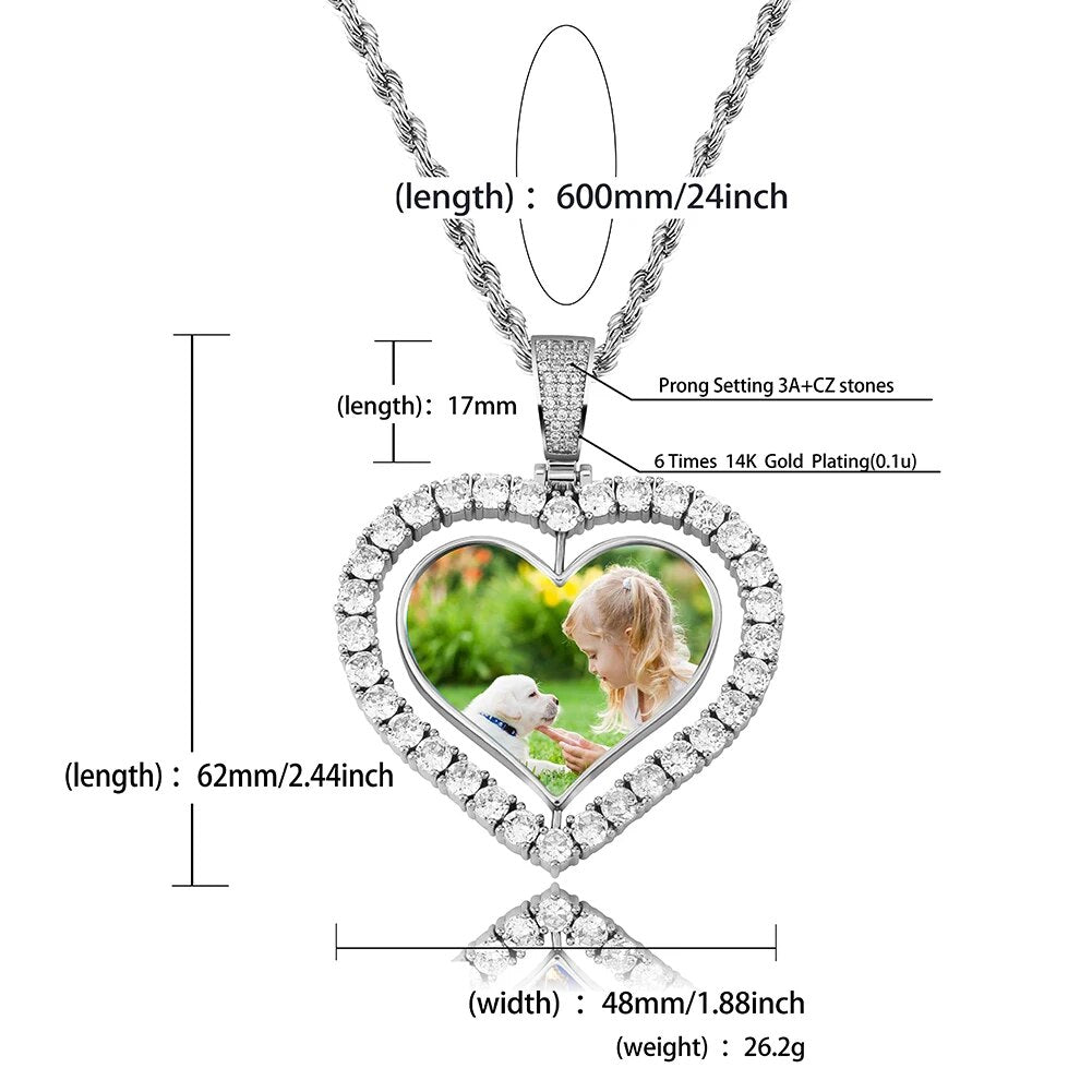 TOPGRILLZ Heart Shaped Custom Photo Spin Double Sided Medallion Pendant Necklace With 4mm Tennis Chain Zircon Hip Hop Jewelry