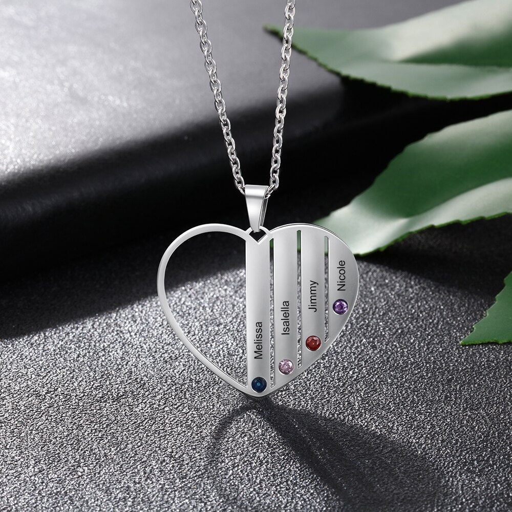 Personalized Engraved Name Family Necklace Customized 4 Birthstones Stainless Steel Heart Necklaces for Women(JewelOra NE103421)