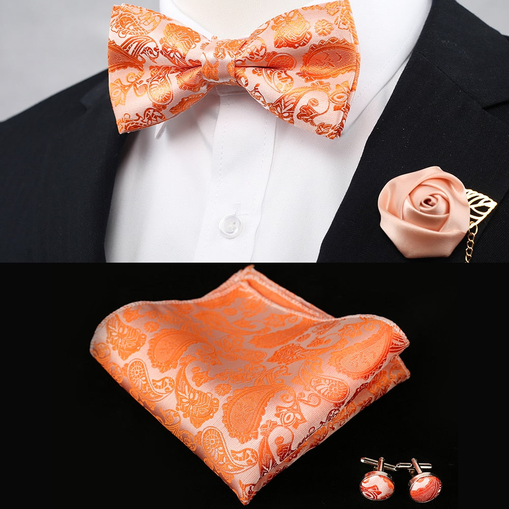 New Silk Flower Business Bowtie Men Vintage Purple Red Black Gold Royal Blue Wedding Bow Ties Pocket Square Handkerchief Set