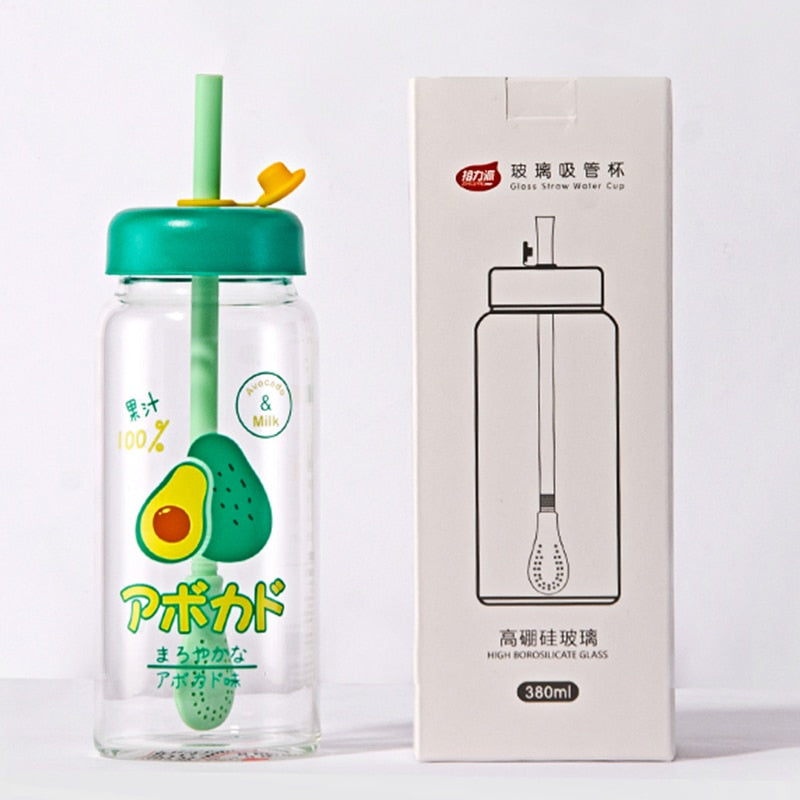 Water bottle cute fruit straw creative student couple transparent glass water cup cup with lid juice drink water cup gift office