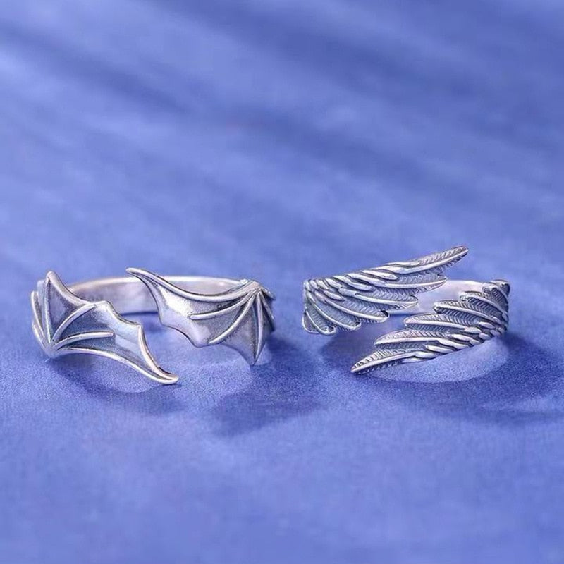 Retro Angel Demon Wing Couples Rings Fashion Men Women Jewelry Vintage Ancient Silver Color Punk Hip Hop Adjustable