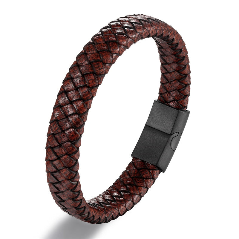 MKENDN Punk Men Leather Bracelet Black Stainless Steel Magnetic Clasp Braided Woven Bangle Pulseras lovers&#39; gift