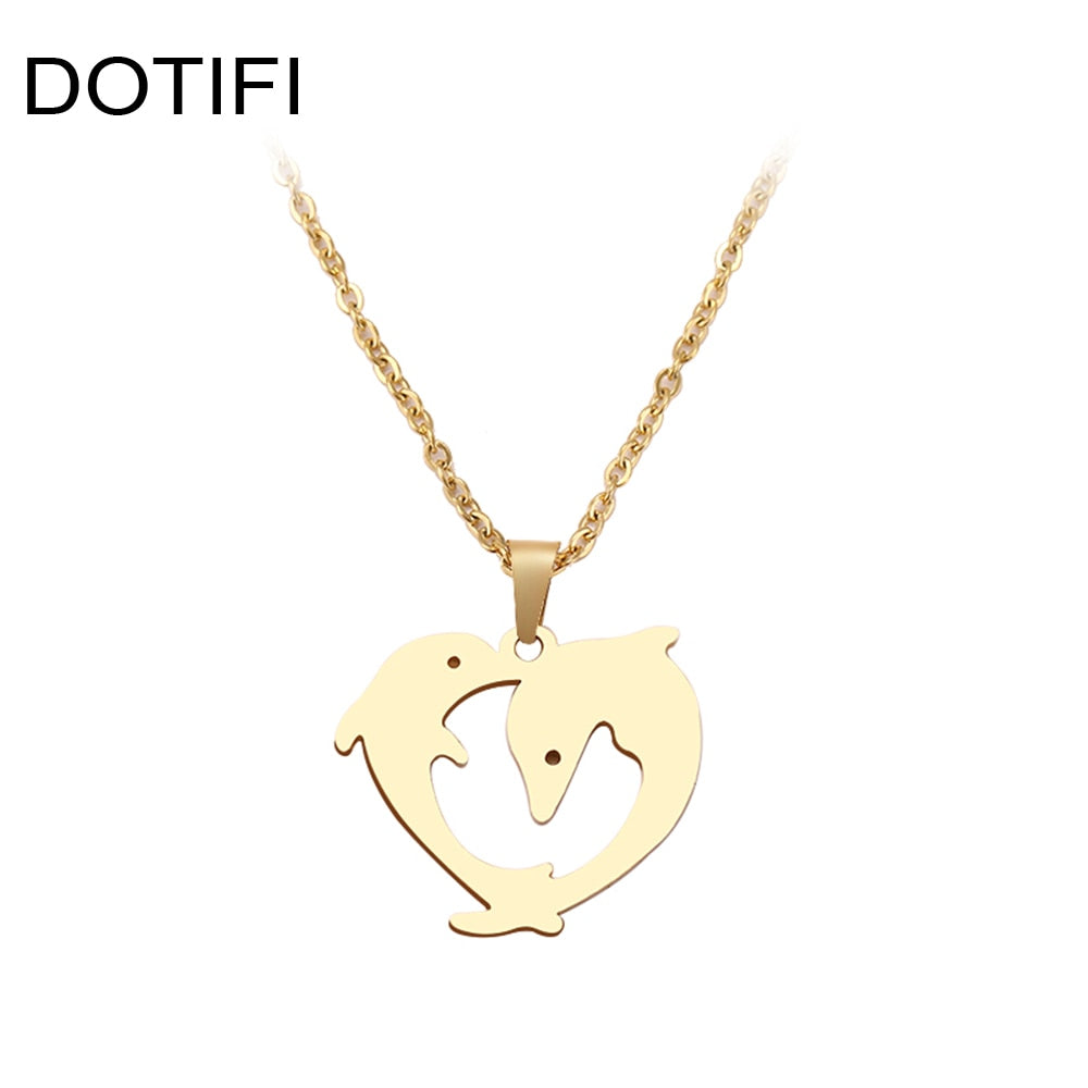 DOTIFI  Stainless Steel Necklace For Women Man Playful Couple Dolphin Pendant Necklace Engagement Jewelry