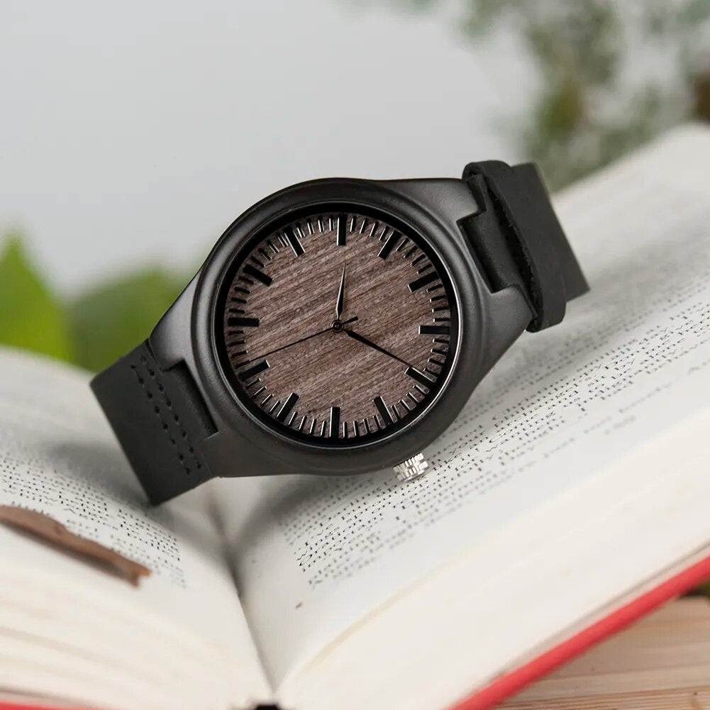 BOBO BIRD Luxury Brand Ebony Wood Watch Customized Gift Quartz Movement Wristwatch for Son Mom Dad Boyfriend Engraved