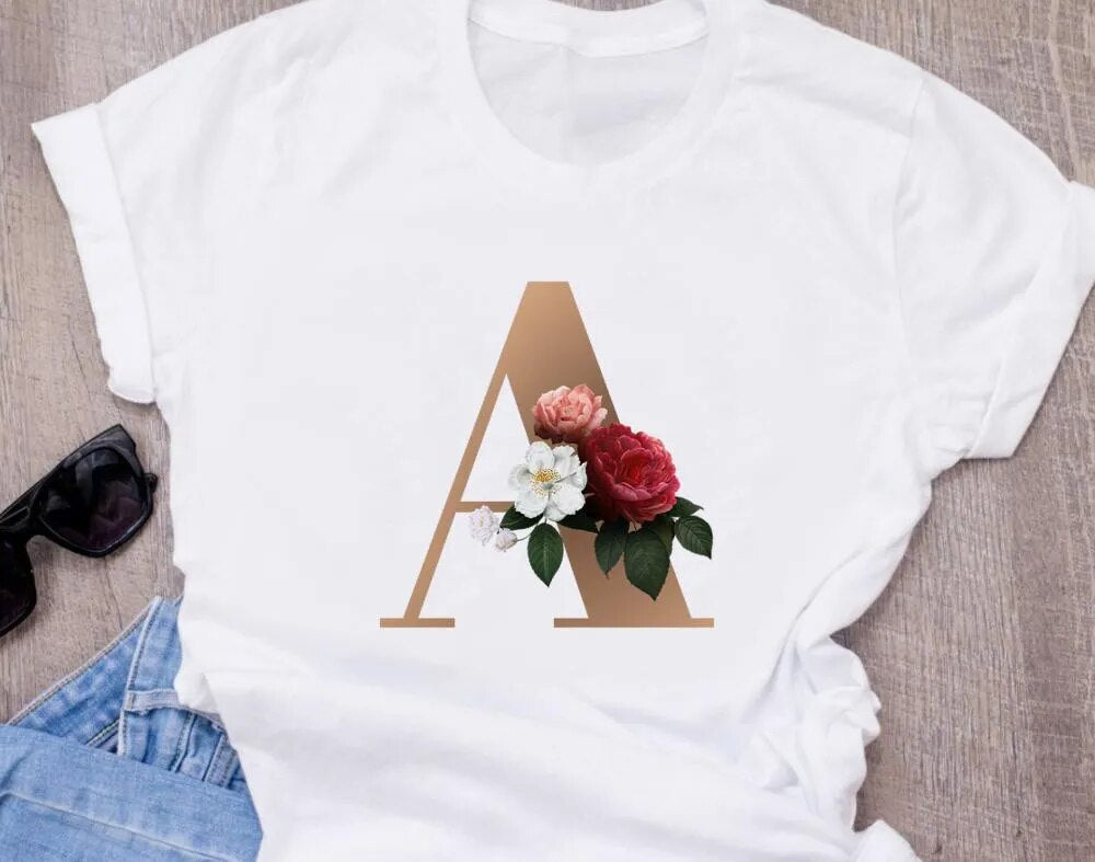 High-Quality Custom Personalized Name Letter (O) Combination T-Shirt for Women with Floral Alphabet Design in Short Sleeves.