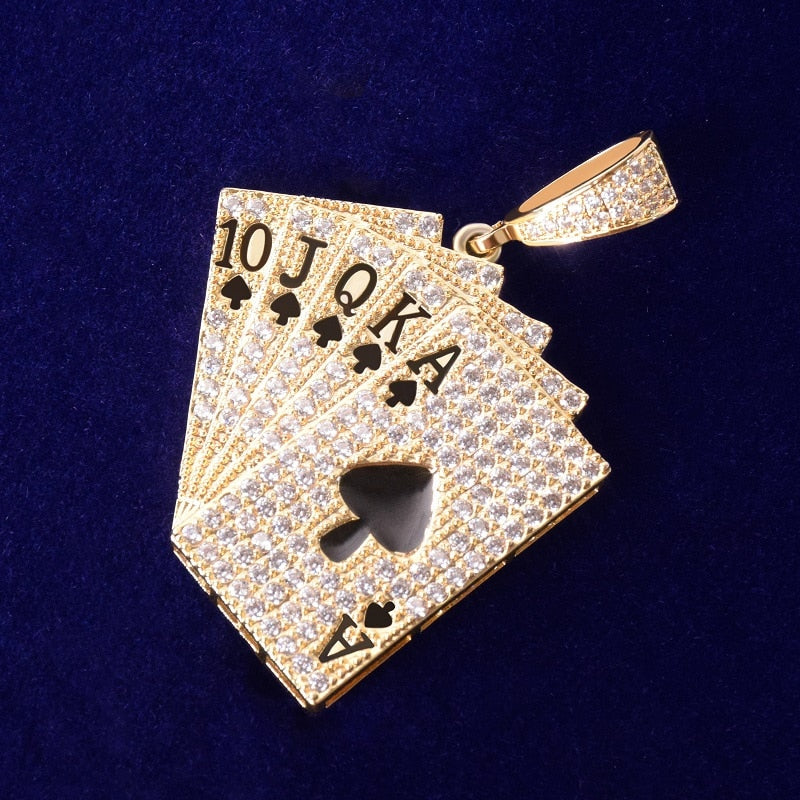 Poker Card Pendant Necklace Cubic Zircon Men&#39;s Hip Hop Rock Jewelry