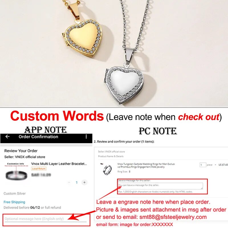 Vnox Customize Picture Name Women Necklaces Heart Locket Pendant Family Image Personalized Anniversary Gift