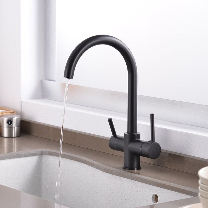 ROVOGO Drinking Water Kitchen Faucet, Dual Handle 3 in 1 Filter Kitchen Sink Faucet, Water Purifier Cold Hot Mixer Crane