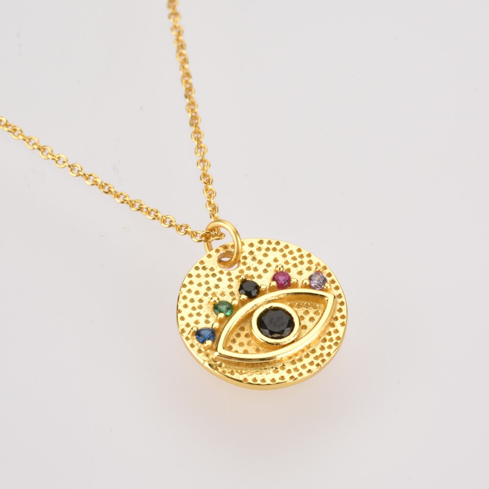 ANDYWEN New 925 Sterling Silver Gold Colorful Eye Coins Pendant Necklace Long Chain Lucky Eye Luxury Women Fashion Fine Jewels