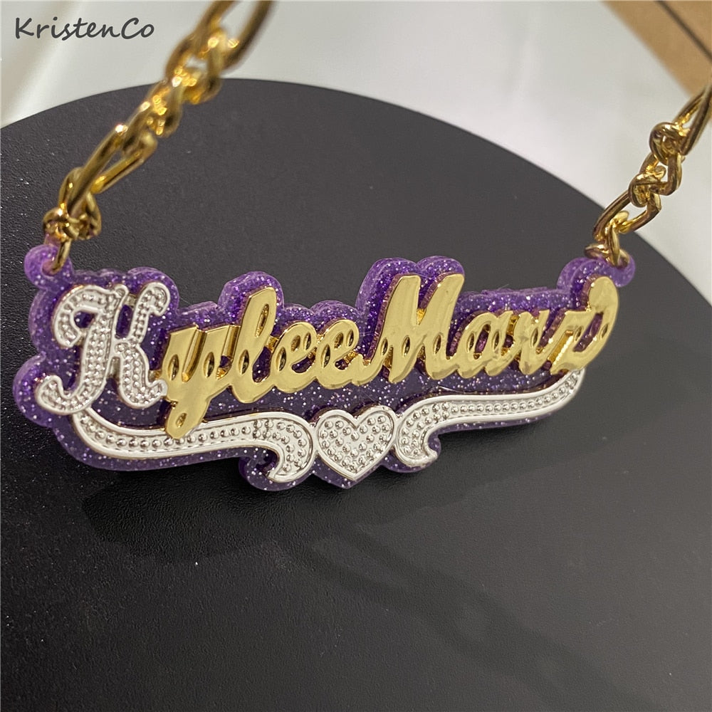 Collar doble chapado en oro con nombre personalizado, colgante de acrílico personalizado, nueva moda