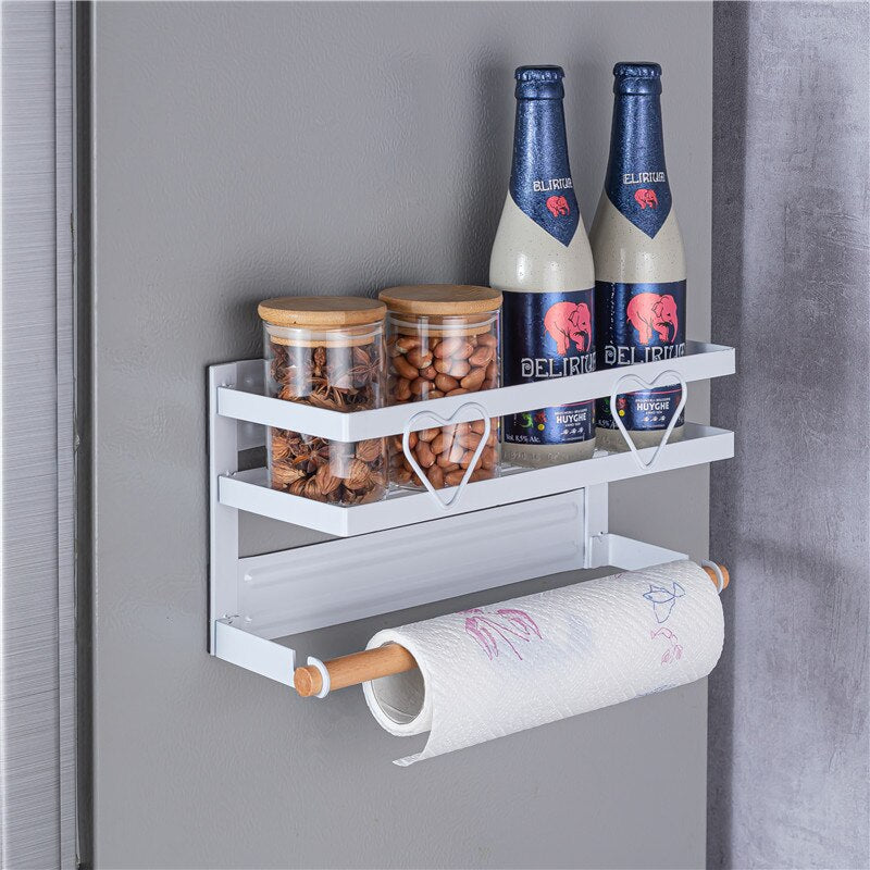 Magnetic Fridge Shelf Paper Towel Roll Holder Magnet Storage Rack Spice Side Hang Rack Decorative Metal Shelf Kitchen Organizer