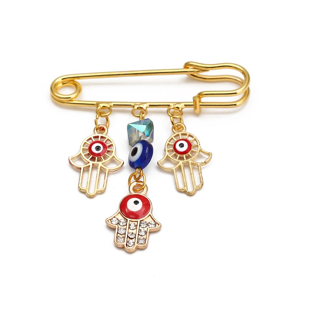 Lucky Eye Fatima Hamsa Hand Blue Turkish Evil Eye Brooch Pin Gold Color Alloy Charm Brooch for Women Men Fashion Jewelry BE102