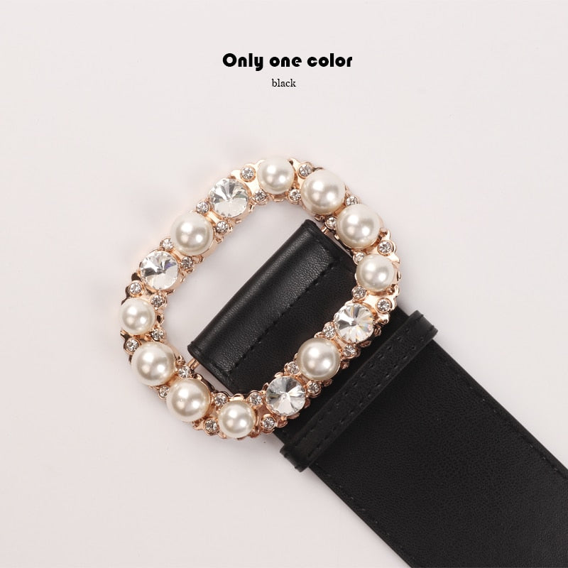 Luxury Crystal Pearl Gold Buckle Belts for Women HOT Wide Solid PU Leather Belt Black Dress Waistbands Lady Gifts No Pin Belt