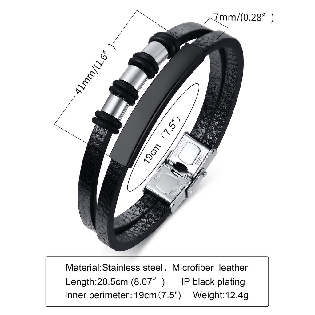 Vnox Customized Leather Bracelets for Men Black Beads Charm Bangle Layered PU Wristband Casual Male Jewelry Meaningful Xmas Gift