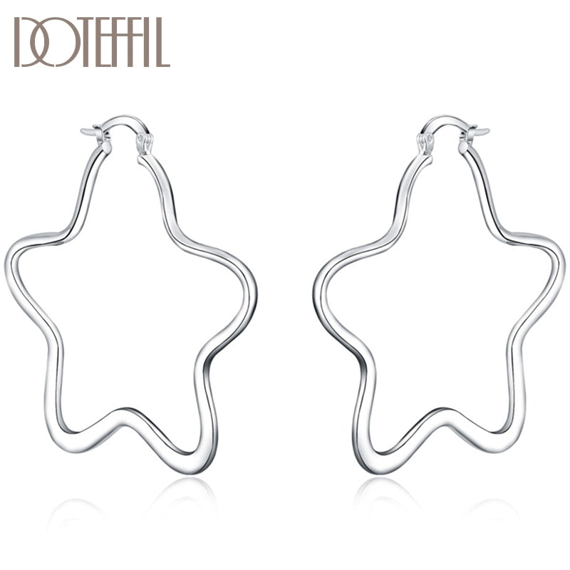 DOTEFFIL 925 Sterling Silver Five-pointed Star 55mm Hoop Earring For Woman Fashion Party Wedding Engagement Party Jewelry