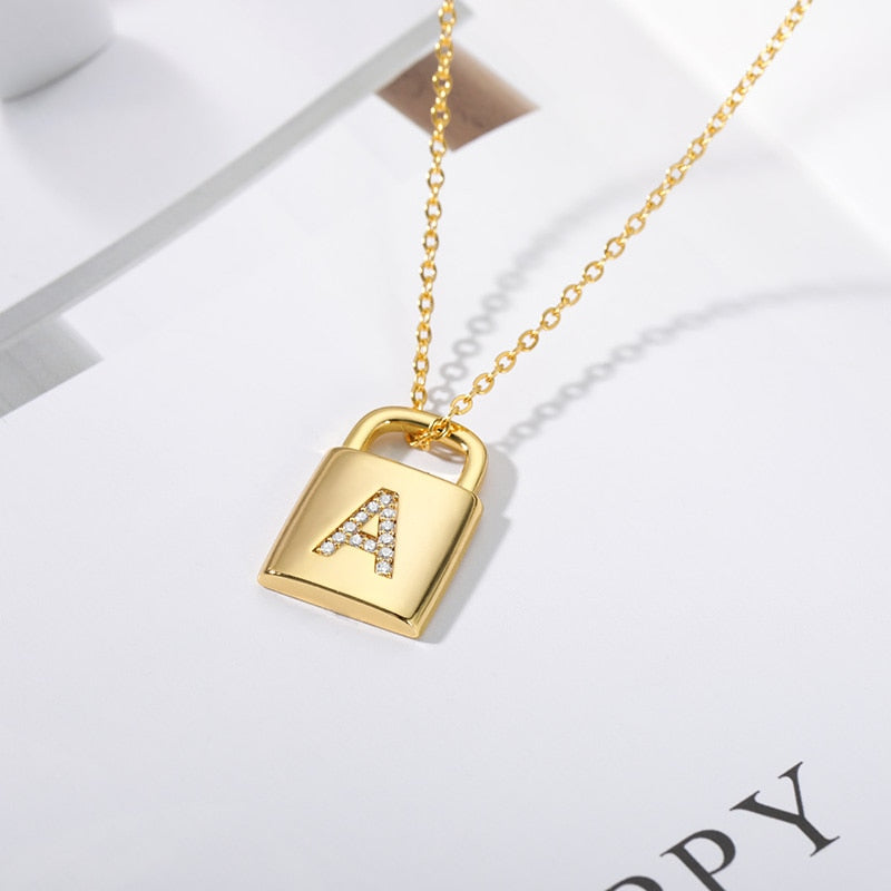 Necklace With Initial Letter Zircon Lock Pendant Stainless Steel Chain Women Couple Jewelry Gift Choker Men Punk Collar Candado