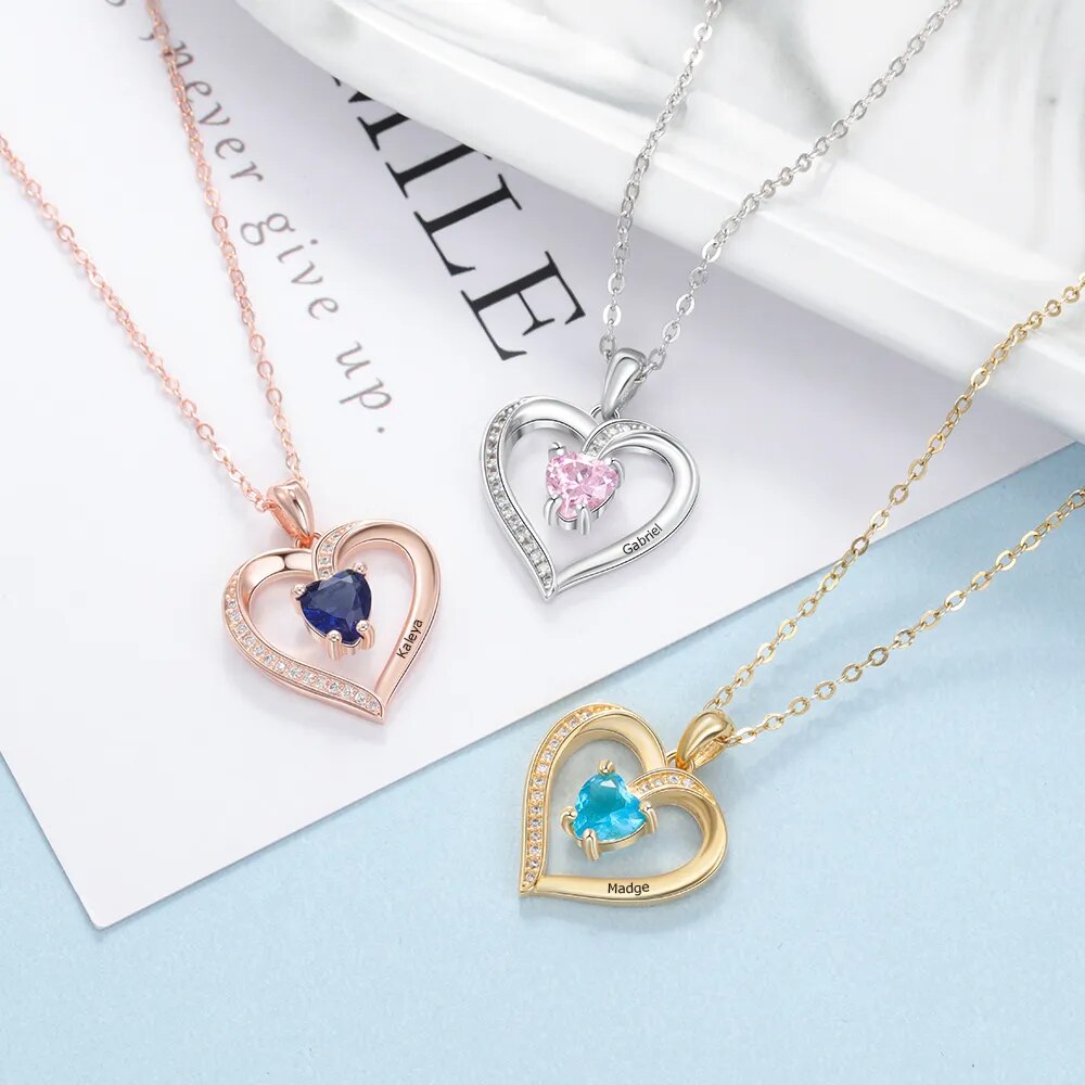 Personalized Engrave Name Heart Pendants with Zirconia Customize Birthstone Necklaces for Women Mother's Day Gift (NE103356)