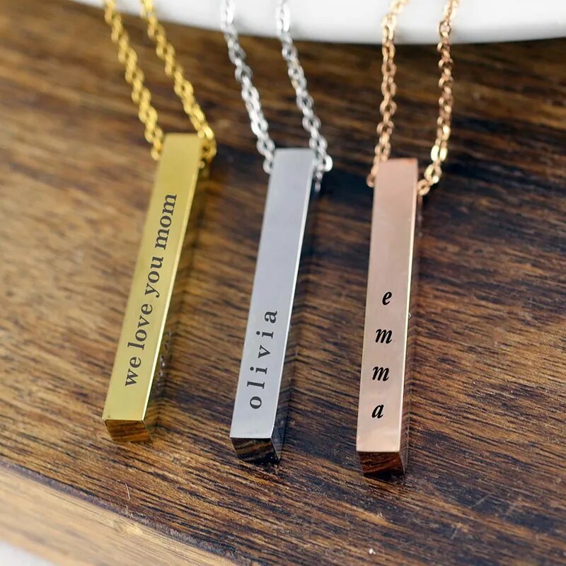 Vnox Customize 3D Vertical Bar Necklaces for Women Stainless Steel Engraved Geometric Pendant Simple Minimalist Elegant Jewelry