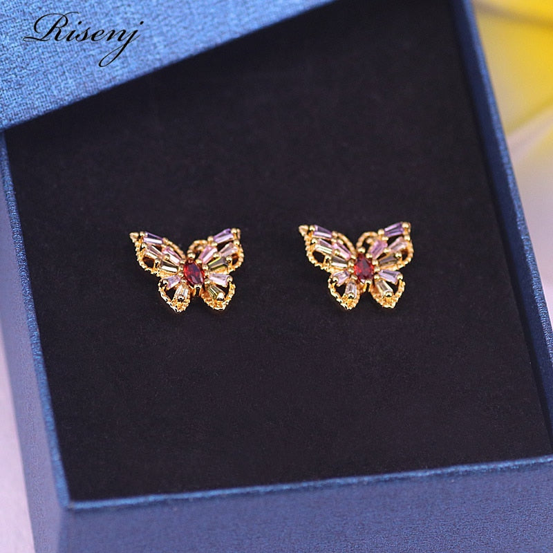 18K Gold Jewelry Set Butterfly Square With Mix Color/White AAA Zircon Jewelry Set  Stud Earrings Necklace Set