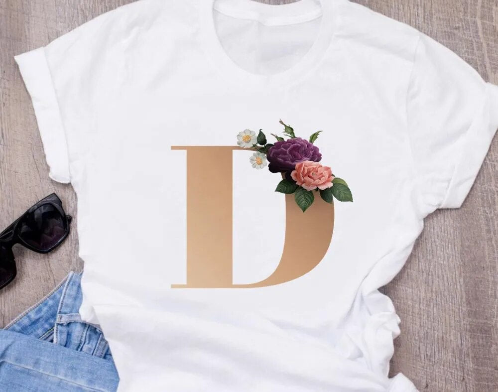 High-Quality Custom Name Letter (J) Combination T-Shirt for Women in Floral Alphabet Design in Short Sleeves.