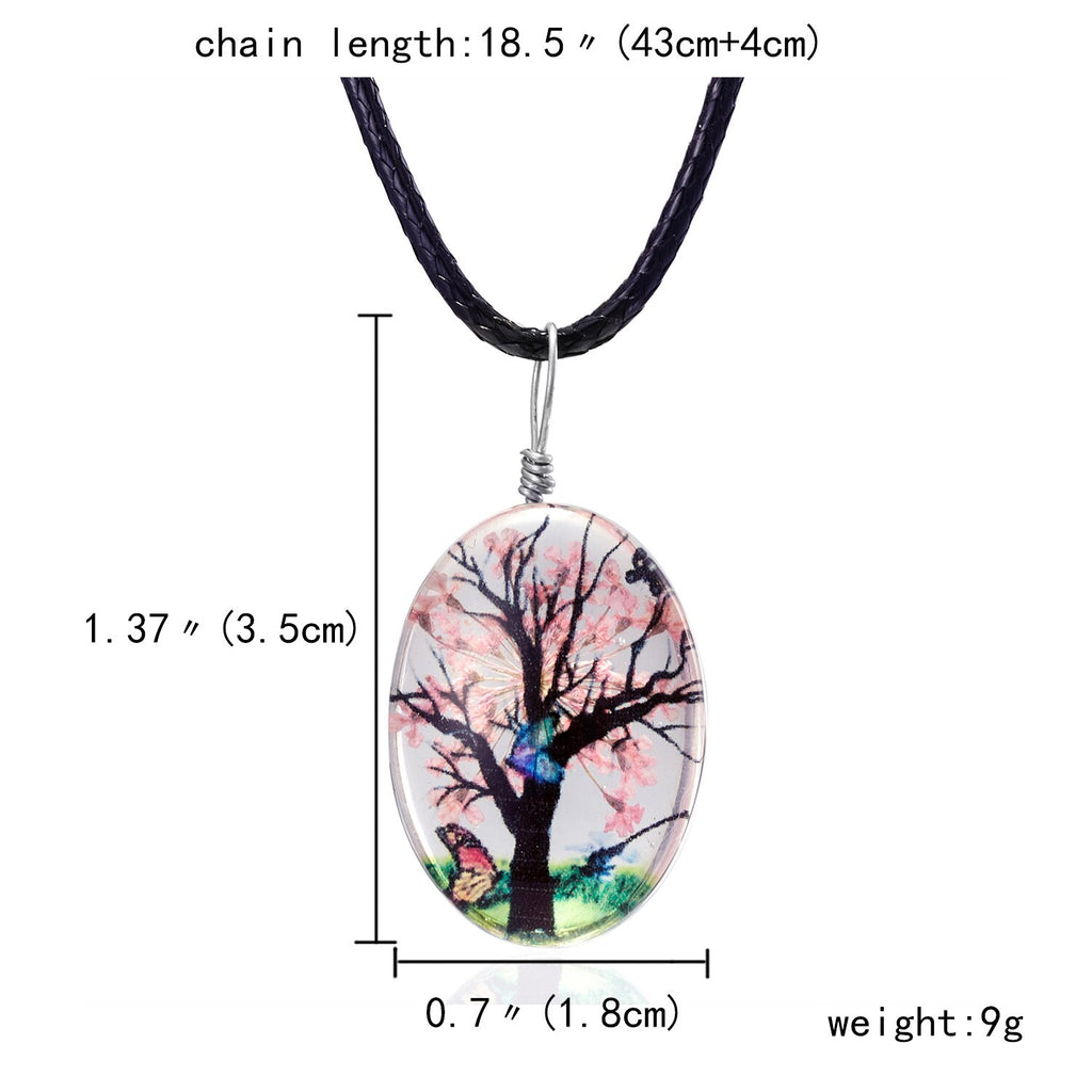 Retro Jewelry Real Dried Flower Necklace Tree Butterfly Oval Glass Ball Pendant Necklace Black Leather Rope  Necklace for Women