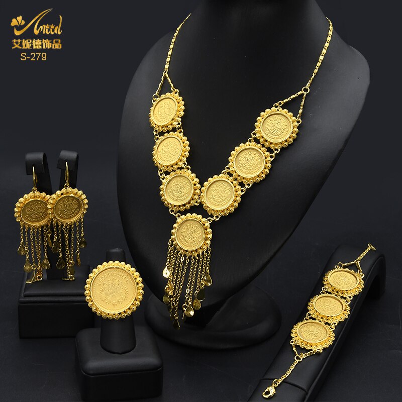 ANIID Dubai Gold Plated Coin Necklace Bracelet Jewelry Sets For Women African Ethiopian Bridal Wedding Luxury Jewellery Gifts