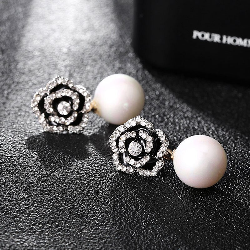 Exquisite Flowers Pearls Luxury Famous Brand Boucles Jewelry Earrings For Women Rhinestone Rose Fancy Earring