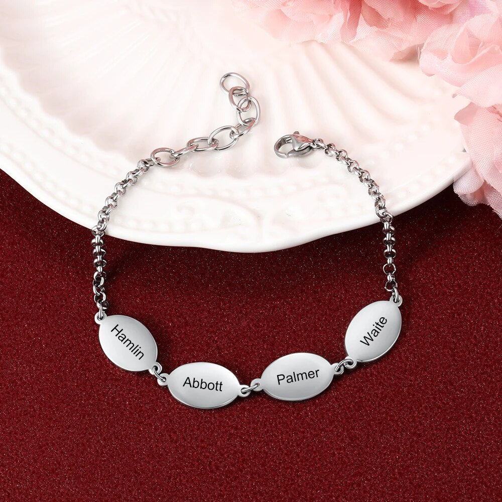 Personalized Oval Design Engraved Chain Bracelets for Couples Custom 2 to 4 Names Stainless Steel Friendship Bracelet Mom Gift